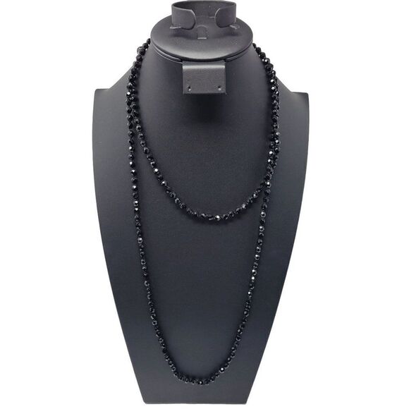 Vintage Signed Austrian Black Glass Beaded Flapper Necklace Oblong Bicone Long - Picture 9 of 13